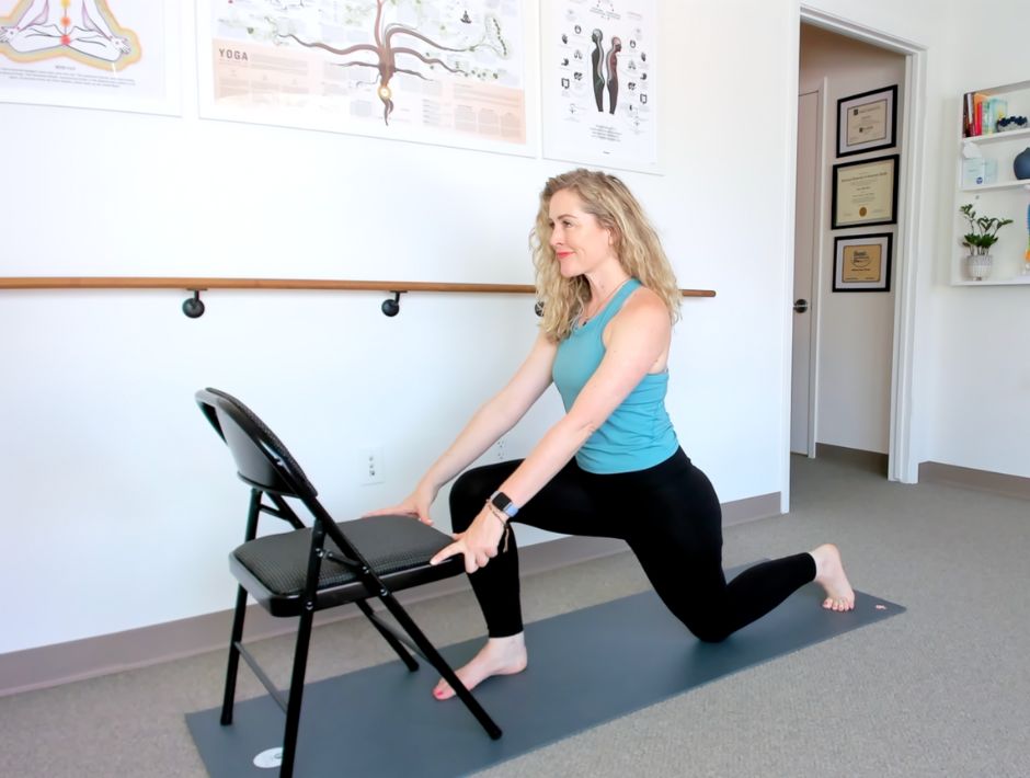 Mikah Horn demonstrates the low lunge as a means to working on getting up and down off the floor to maintain independence as we get older.