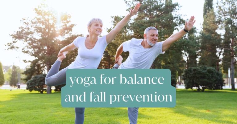 Two older adults balancing in dancer pose. Yoga for Balance and Fall prevention featured image.