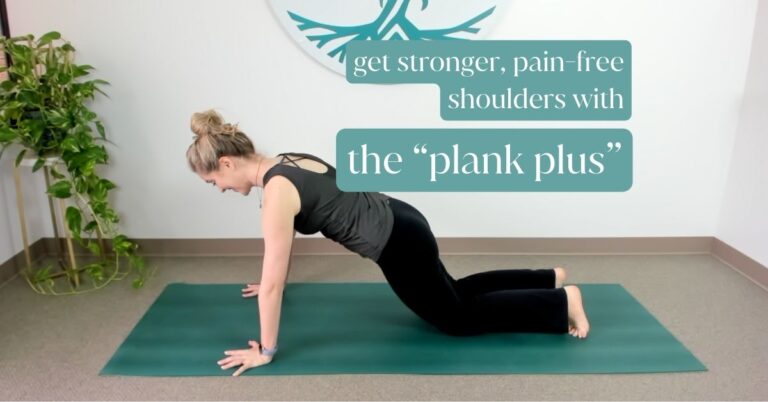 Woman doing yoga in a pose called the Plank Plus, which stabilizes the shoulders and improves your posture.